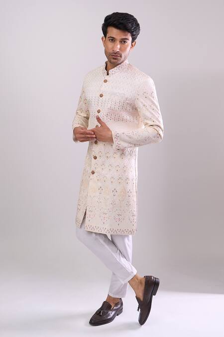 Arihant Rai Sinha Cream Polyester, Viscose Embroidery Base Sherwani Set Online at Aza Fashions Arihant Rai Sinha_Cream Polyester, Viscose Embroidery Base Sherwani Set _Online_at_Aza_Fashions