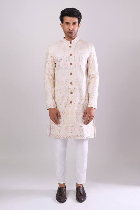 Shop Arihant Rai Sinha Cream Polyester, Viscose Embroidery Base Sherwani Set Online at Aza Fashions Shop_Arihant Rai Sinha_Cream Polyester, Viscose Embroidery Base Sherwani Set _Online_at_Aza_Fashions