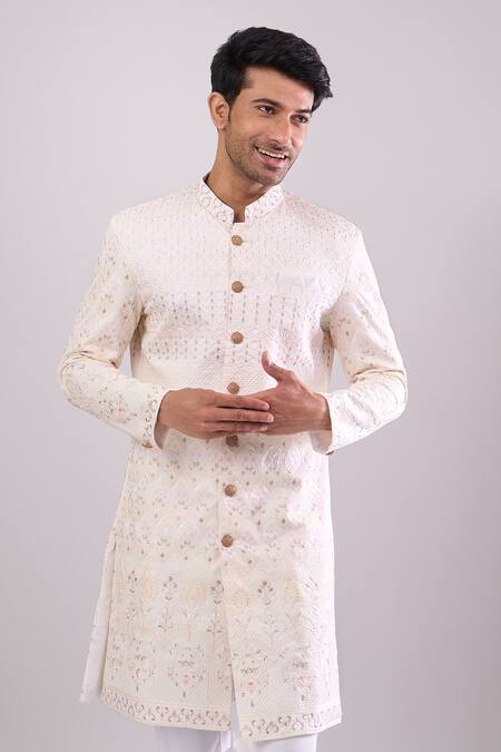 Arihant Rai Sinha Cream Polyester, Viscose Embroidery Base Sherwani Set at Aza Fashions Arihant Rai Sinha_Cream Polyester, Viscose Embroidery Base Sherwani Set _at_Aza_Fashions