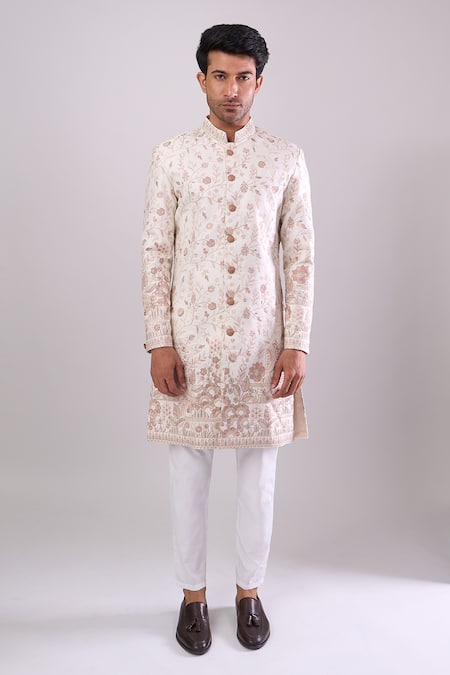 Arihant Rai Sinha_Off White Embroidery Base Sherwani Set _Online_at_Aza_Fashions