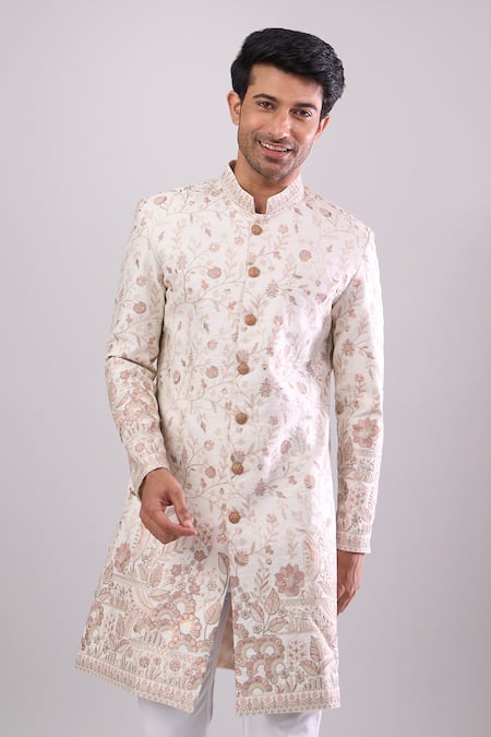 Buy_Arihant Rai Sinha_Off White Embroidery Base Sherwani Set _Online_at_Aza_Fashions