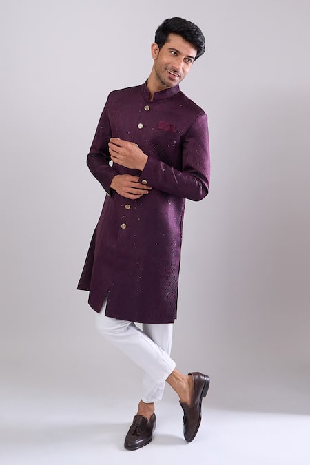 Arihant Rai Sinha_Wine Polyester, Viscose Embroidery Sequence Sherwani Set _Online_at_Aza_Fashions