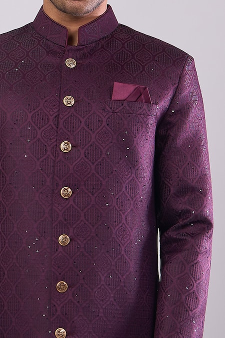 Shop_Arihant Rai Sinha_Wine Polyester, Viscose Embroidery Sequence Sherwani Set _Online_at_Aza_Fashions
