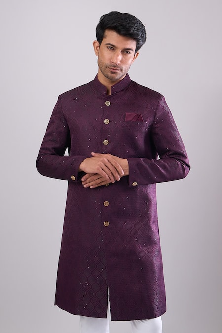 Arihant Rai Sinha_Wine Polyester, Viscose Embroidery Sequence Sherwani Set _at_Aza_Fashions