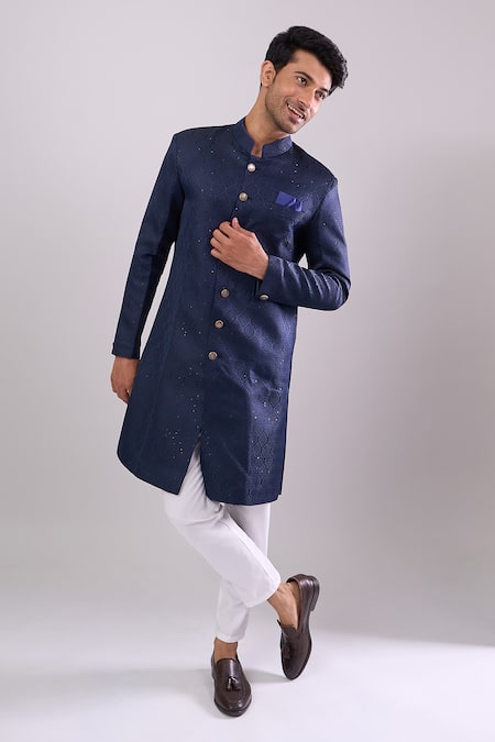 Arihant Rai Sinha Navy Polyester, Viscose Sequins Blue Sequence Embroidered Sherwani Set Online at Aza Fashions Arihant Rai Sinha_Navy Polyester, Viscose Sequins Blue Sequence Embroidered Sherwani Set _Online_at_Aza_Fashions