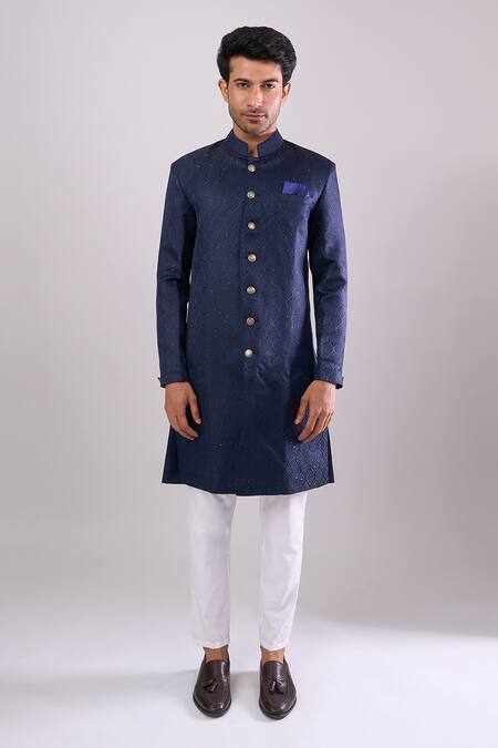 Shop Arihant Rai Sinha Navy Polyester, Viscose Sequins Blue Sequence Embroidered Sherwani Set Online at Aza Fashions Shop_Arihant Rai Sinha_Navy Polyester, Viscose Sequins Blue Sequence Embroidered Sherwani Set _Online_at_Aza_Fashions