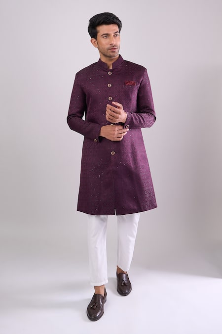 Arihant Rai Sinha_Wine Polyester, Viscose Embroidery Sequence Sherwani Set _Online_at_Aza_Fashions