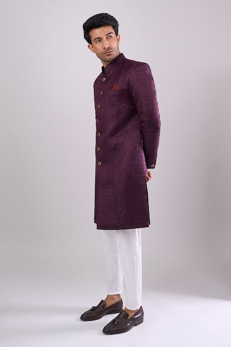 Buy_Arihant Rai Sinha_Wine Polyester, Viscose Embroidery Sequence Sherwani Set _Online_at_Aza_Fashions