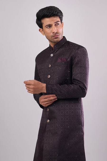 Arihant Rai Sinha_Wine Polyester, Viscose Embroidery Blackish Sequence Sherwani Set _Online_at_Aza_Fashions