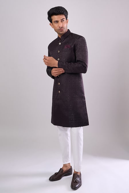 Shop_Arihant Rai Sinha_Wine Polyester, Viscose Embroidery Blackish Sequence Sherwani Set _Online_at_Aza_Fashions