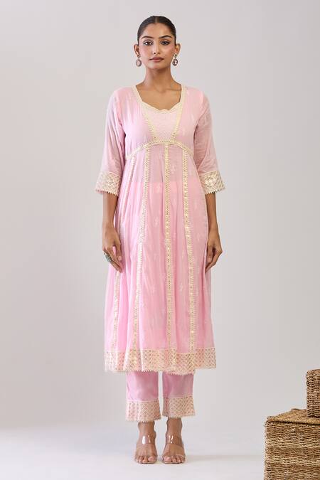 Buy Samyukta Singhania Pink Cotton Embroidery Round Neck Mulmul Anarkali Suit Set Online at Aza Fashions Buy_Samyukta Singhania_Pink Cotton Embroidery Round Neck Mulmul Anarkali Suit Set_Online_at_Aza_Fashions