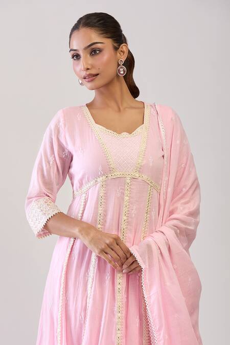Samyukta Singhania Pink Cotton Embroidery Round Neck Mulmul Anarkali Suit Set at Aza Fashions Samyukta Singhania_Pink Cotton Embroidery Round Neck Mulmul Anarkali Suit Set_at_Aza_Fashions