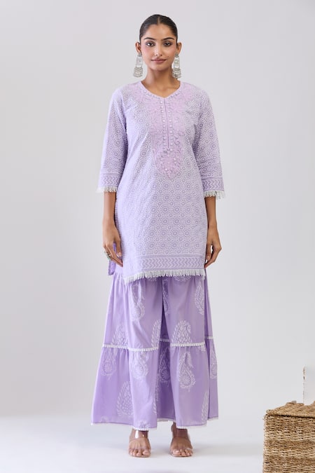 Buy_Samyukta Singhania_Purple Cotton Embroidery Round Neck Lavender Kurta Sharara Set _Online_at_Aza_Fashions
