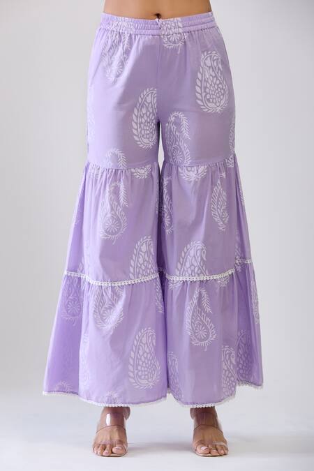 Shop_Samyukta Singhania_Purple Cotton Embroidery Round Neck Lavender Kurta Sharara Set _Online_at_Aza_Fashions