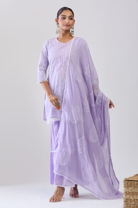 Samyukta Singhania_Purple Cotton Embroidery Round Neck Lavender Kurta Sharara Set _at_Aza_Fashions