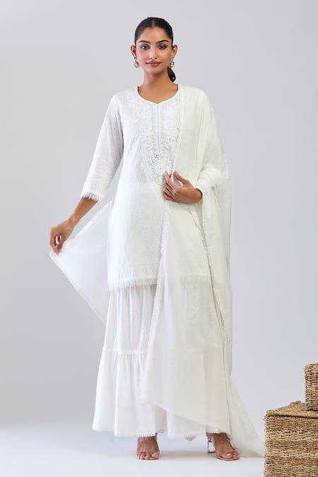 Samyukta Singhania Off White Cotton Embroidery Round Neck Kurta Sharara Set