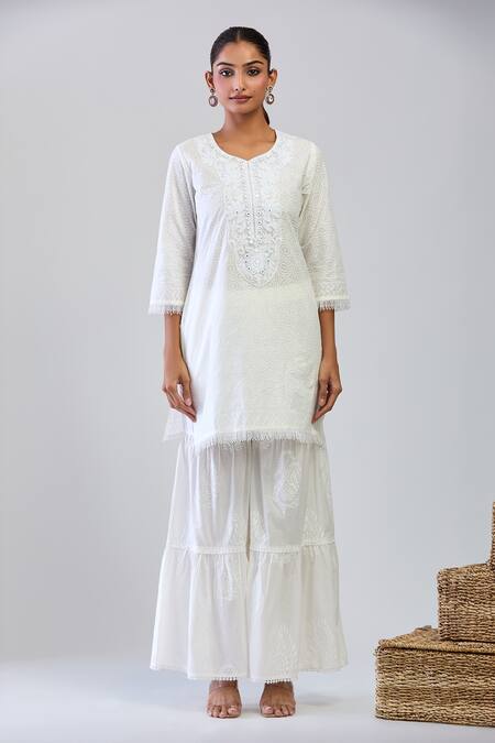 Buy Samyukta Singhania Off White Cotton Embroidery Round Neck Kurta Sharara Set Online at Aza Fashions Buy_Samyukta Singhania_Off White Cotton Embroidery Round Neck Kurta Sharara Set _Online_at_Aza_Fashions