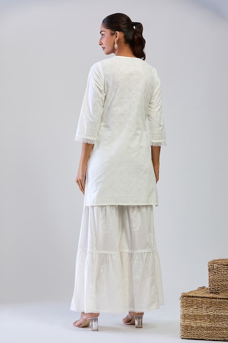 Samyukta Singhania Off White Cotton Embroidery Round Neck Kurta Sharara Set Online at Aza Fashions Samyukta Singhania_Off White Cotton Embroidery Round Neck Kurta Sharara Set _Online_at_Aza_Fashions