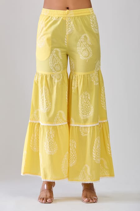 Shop_Samyukta Singhania_Yellow Cotton Embroidery Round Neck Kurta Sharara Set _Online_at_Aza_Fashions