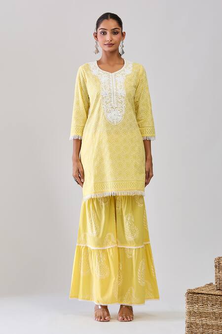 Samyukta Singhania_Yellow Cotton Embroidery Round Neck Kurta Sharara Set _at_Aza_Fashions