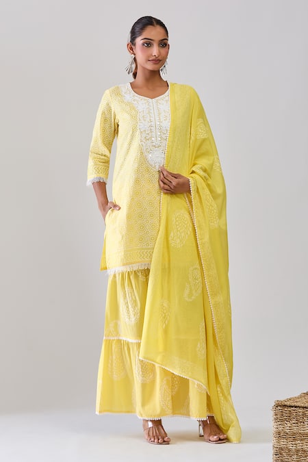Samyukta Singhania Yellow Cotton Embroidery Round Neck Kurta Sharara Set