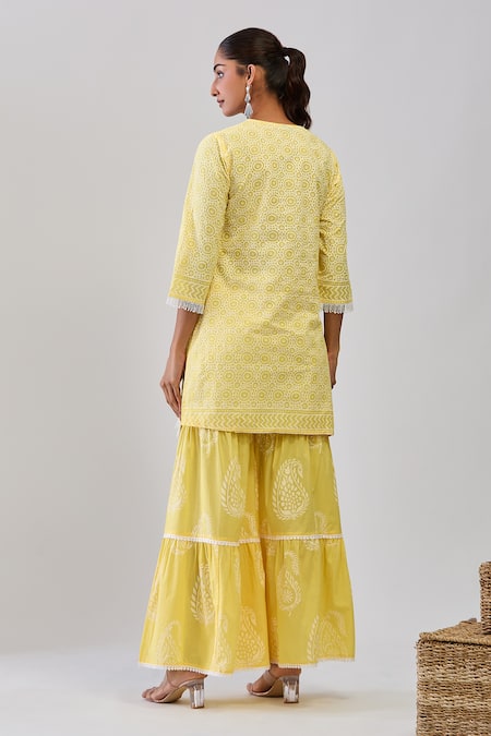 Samyukta Singhania_Yellow Cotton Embroidery Round Neck Kurta Sharara Set _Online_at_Aza_Fashions