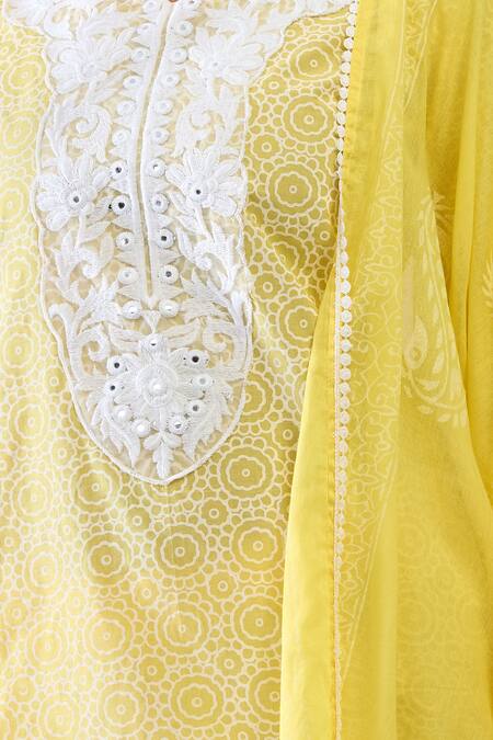 Buy_Samyukta Singhania_Yellow Cotton Embroidery Round Neck Kurta Sharara Set 