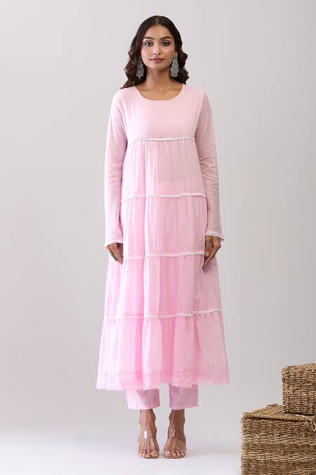 Samyukta Singhania Pink Cotton Embroidery Round Neck Mulmul Anarkali Set Online at Aza Fashions Samyukta Singhania_Pink Cotton Embroidery Round Neck Mulmul Anarkali Set_Online_at_Aza_Fashions