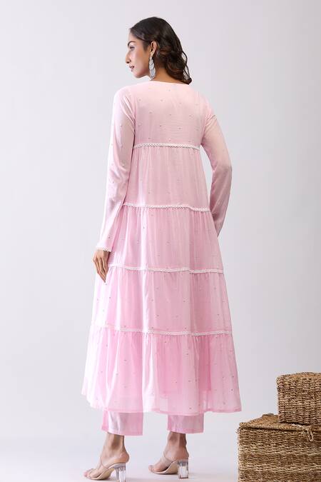 Shop Samyukta Singhania Pink Cotton Embroidery Round Neck Mulmul Anarkali Set at Aza Fashions Shop_Samyukta Singhania_Pink Cotton Embroidery Round Neck Mulmul Anarkali Set_at_Aza_Fashions