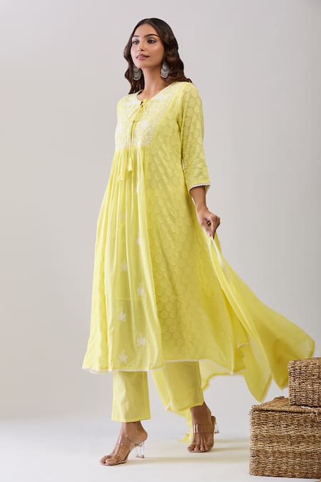 Samyukta Singhania Yellow Cotton Embroidery Round Neck Jacquard Weave Anarkali Set Online at Aza Fashions Samyukta Singhania_Yellow Cotton Embroidery Round Neck Jacquard Weave Anarkali Set_Online_at_Aza_Fashions