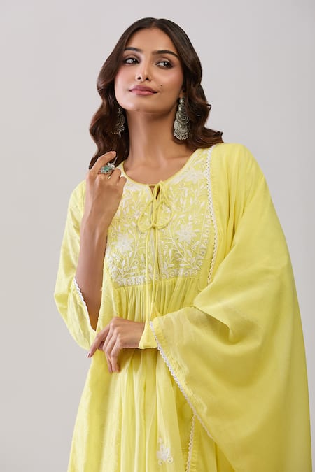 Buy Samyukta Singhania Yellow Cotton Embroidery Round Neck Jacquard Weave Anarkali Set Buy_Samyukta Singhania_Yellow Cotton Embroidery Round Neck Jacquard Weave Anarkali Set