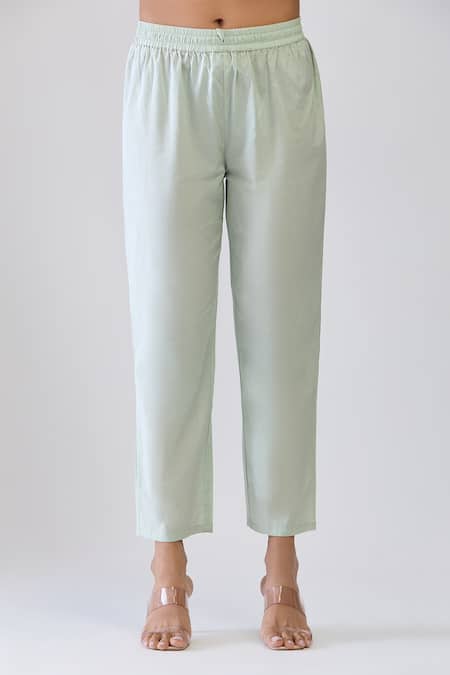 Buy_Samyukta Singhania_Green Cotton Embroidery V-, Round Pista Shrug Set _Online_at_Aza_Fashions