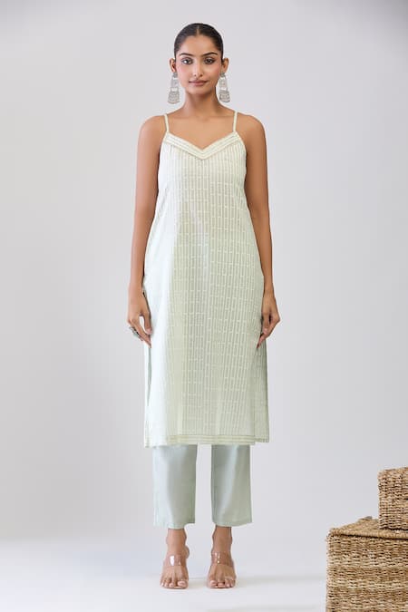 Shop_Samyukta Singhania_Green Cotton Embroidery V-, Round Pista Shrug Set _Online_at_Aza_Fashions