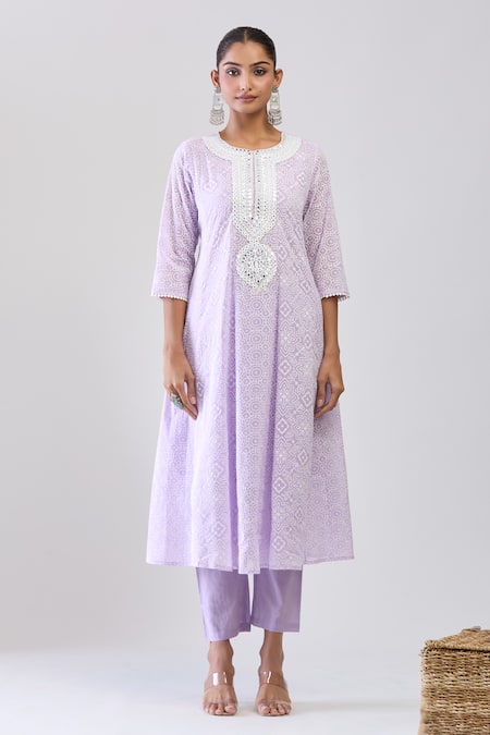 Buy_Samyukta Singhania_Purple Cotton Embroidery Round Neck Lavender Mulmul Anarkali Set _Online_at_Aza_Fashions