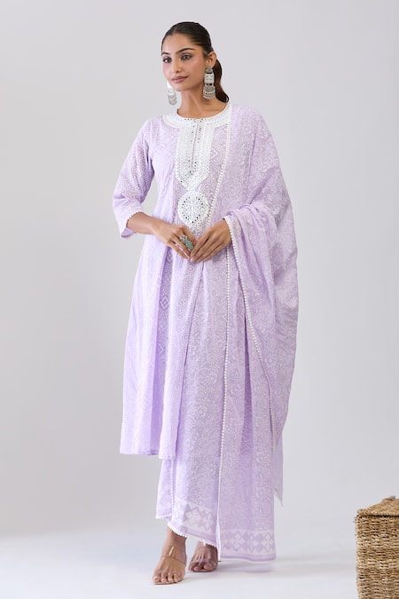 Samyukta Singhania Lavender Cotton Mulmul Anarkali Set 