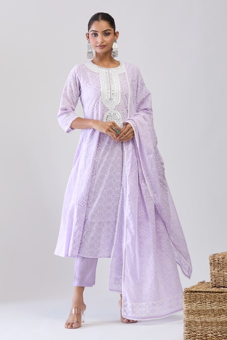 Samyukta Singhania_Purple Cotton Embroidery Round Neck Lavender Mulmul Anarkali Set _at_Aza_Fashions