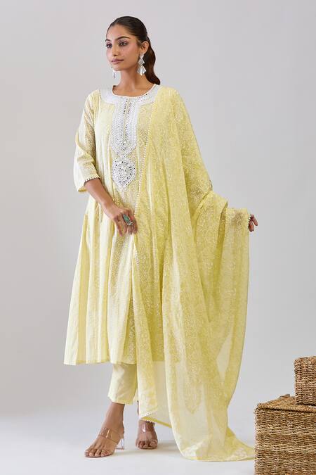 Samyukta Singhania Lime Cotton Sequins, Embroidery Round Neck Green Mulmul Anarkali Set at Aza Fashions Samyukta Singhania_Lime Cotton Sequins, Embroidery Round Neck Green Mulmul Anarkali Set _at_Aza_Fashions