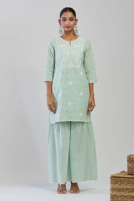 Buy_Samyukta Singhania_Green Cotton Embroidery Round Neck Pista Jacquard Sharara Set _Online_at_Aza_Fashions