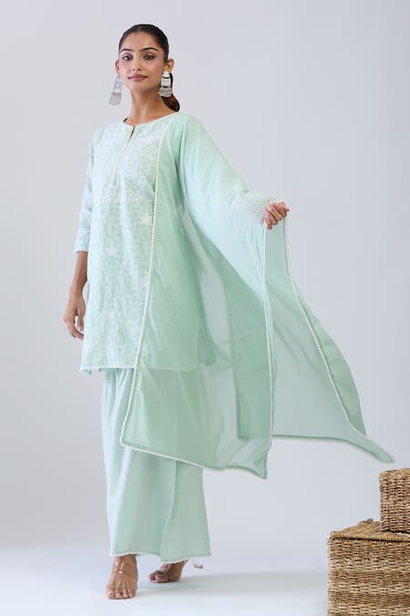 Shop_Samyukta Singhania_Green Cotton Embroidery Round Neck Pista Jacquard Sharara Set _Online_at_Aza_Fashions