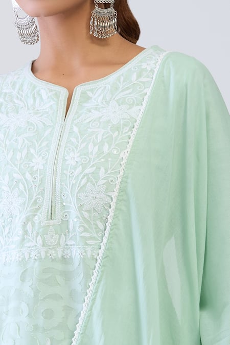 Samyukta Singhania_Green Cotton Embroidery Round Neck Pista Jacquard Sharara Set _at_Aza_Fashions