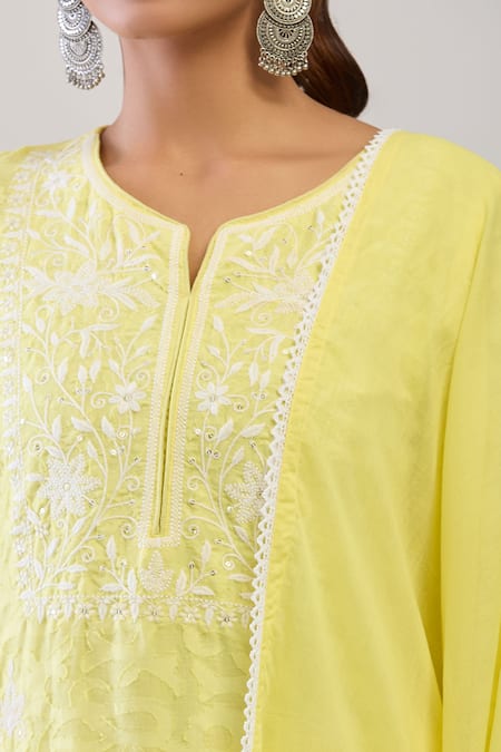 Buy_Samyukta Singhania_Yellow Cotton, Jacquard Embroidery Round Neck Weave Sharara Set _Online_at_Aza_Fashions