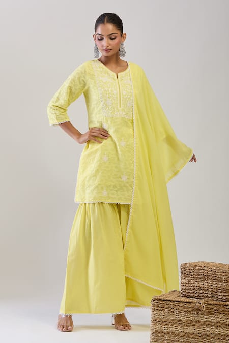 Shop_Samyukta Singhania_Yellow Cotton, Jacquard Embroidery Round Neck Weave Sharara Set _Online_at_Aza_Fashions
