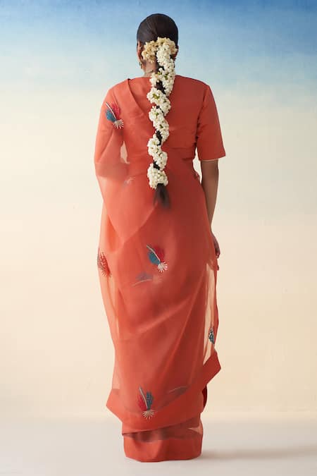 Janki India Rust Orange Hand Embroidered Saree Set 