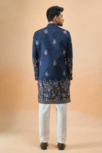 Shop Arihant Rai Sinha Blue Silk Embroidery Thread Sherwani Set at Aza Fashions Shop_Arihant Rai Sinha_Blue Silk Embroidery Thread Sherwani Set _at_Aza_Fashions