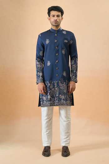 Arihant Rai Sinha Blue Silk Embroidery Thread Sherwani Set at Aza Fashions Arihant Rai Sinha_Blue Silk Embroidery Thread Sherwani Set _at_Aza_Fashions