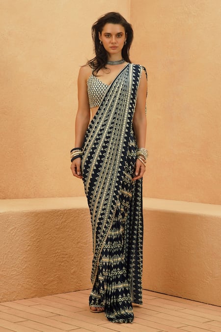 Sva By Sonam & Paras Modi Navy Crepe Sequins, Beads Scoop Neck, Round Embellished Pre-draped Saree Set