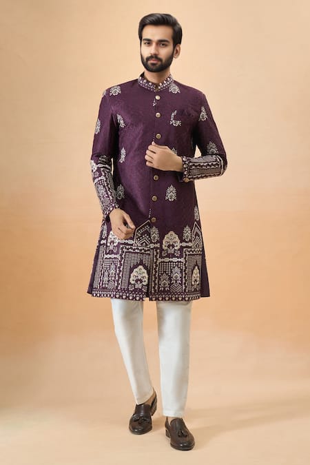Arihant Rai Sinha Wine Silk Sherwani & White Pant Set 