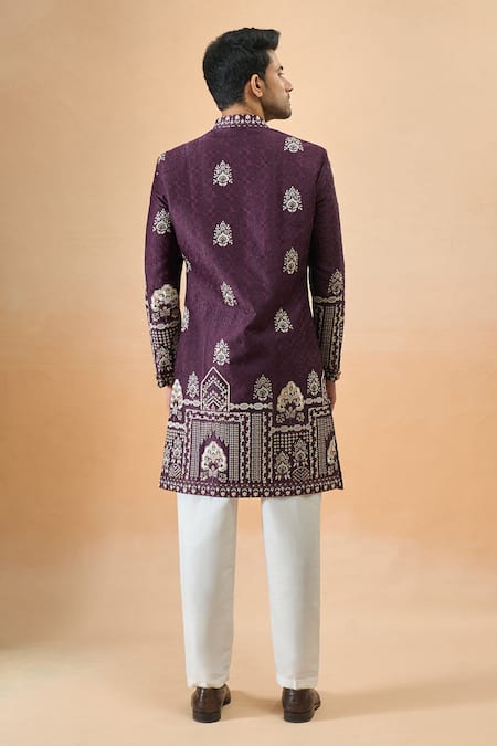 Arihant Rai Sinha Wine Silk Sherwani & White Pant Set 