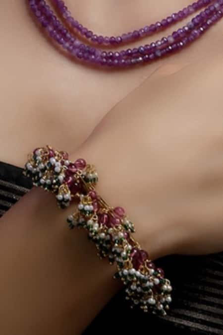 Shop Dugran By Dugristyle Pink Beads Gulshan Gold-plated Bracelet at Aza Fashions Shop_Dugran By Dugristyle_Pink Beads Gulshan Gold-plated Bracelet _at_Aza_Fashions