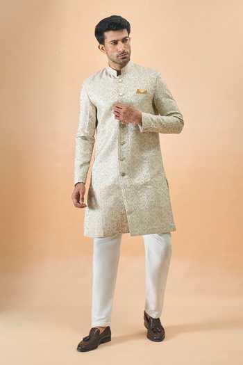 Arihant Rai Sinha Green Jacquard, Silk Sherwani And White Pant Set Online at Aza Fashions Arihant Rai Sinha_Green Jacquard, Silk Sherwani And White Pant Set _Online_at_Aza_Fashions